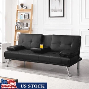 Modern Faux Leather Futon Convertible Sleeper Bed w/Cupholders and Pillows Black - Picture 1 of 10