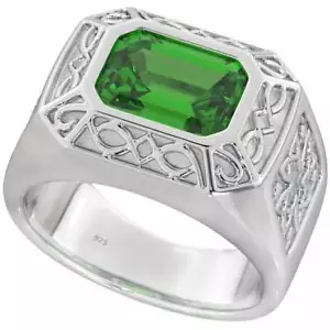NEW Mens Celtic 925 Sterling Silver Ring with Emerald-Cut Green Cubic Zirconia - Picture 1 of 4