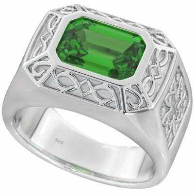 NEW Mens Celtic 925 Sterling Silver Ring with Emerald-Cut Green Cubic Zirconia - Image 1 of 4