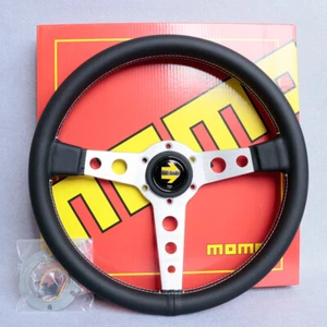 momo P1 Prototipo 14inch/350mm Leather Silver Spoke Flat Sport Steering Wheel - Picture 1 of 4
