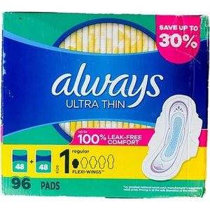 New Always Ultra Thin Pads Size 1 Regular Unscented Flexi-Wings 96 Count Box - Picture 1 of 3