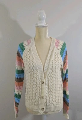 Acogedor Cárdigan Crochet Suéter Chaqueta Multicolor Color Caramelo Rayas Mangas  Foto 1 de 4