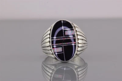 Native American Sterling Silver Mosaic Black Onyx Opal Winged Ring 16g 925 Sz: 9 - Image 1 of 4