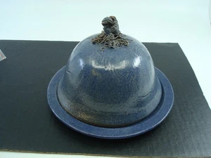 Art Pottery Stoneware Butter Dish Rustic Blue SPAGHETTI Twisted Handle SIGNED - Picture 1 of 10