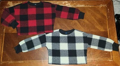 批量 2 件 短款 加绒 夏尔巴毛衣 红色 Buffalo Check,黑色格子 6-7 小号 — 第 1/4 张图片