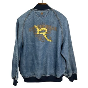ROCAWEAR Vintage Azul Denim Jean Universitario Estilo Béisbol Chaqueta Envejecida Grande - Imagen 1 de 16