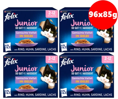 Purina Katzenfutter FELIX JUNIOR Nass - Fleisch & Fisch Mix in Gelee - 96 x 85g