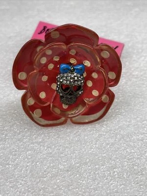 Betsey Johnson Ivy League Lucite Red Polka Dot Flower Skull Girl Ring Nwt Rare - Image 1 of 4
