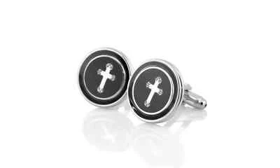 Conjunto de gemelos camiseros de plata de ley 925 con diseño de cruz esmaltada en forma redonda para hombre Foto 1 de 4