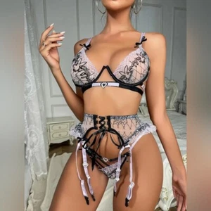 Lila & Schwarz Spitze Baddie Bunny Dessous Set Strumpfgürtel Playboy Bunny M Flock - Bild 1 von 5
