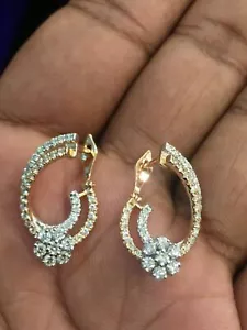 Pave 1.16 Cts Round Brilliant Cut Diamonds Hoop Earrings In 585 Stamped 14K Gold - Picture 1 of 12