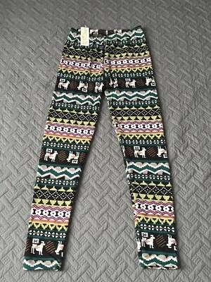 Qicaisi Faux Fur Lined Leggings Red Green Reindeer Holiday Print Size L/XL. - Image 1 of 4