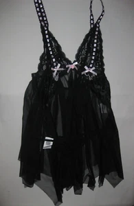 Romwe kawaii mesh & lace irregular hem babydoll & g-string S black w/pink bows - Picture 1 of 2