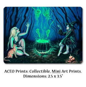 Gothic Fantasy Hexenkessel Kunst ACEO DRUCK Halloween Spooky Magic Cat Night - Bild 1 von 3