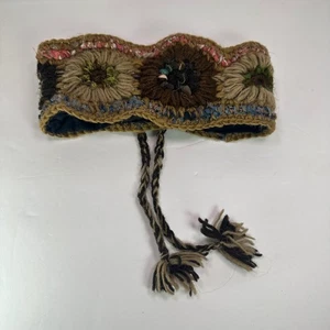 Crochet Ear Warmer Headband Boho Floral Wool Nepal Tasseled Ties Fleece lined - Picture 1 of 6