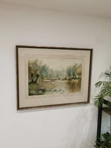 Large Antique Watercolour Painting By E.J.Duval Framed Glazed Lake Swans Signed - Picture 1 of 9