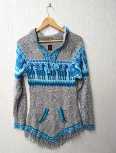 Kactus Artesanias Alpaca Wool Hooded Pullover Sweater Gray Blue Fringe One Size - Picture 1 of 5