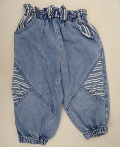 Vintage 90's Girls 2T 24 Month Denim Jeans Acid Wash Paper Bag Striped Blue Bow - Picture 1 of 5