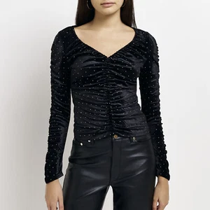 River Island Womens Ruched Top Black Velvet Long Sleeve Studded V-Neck Blouse - Picture 1 of 9