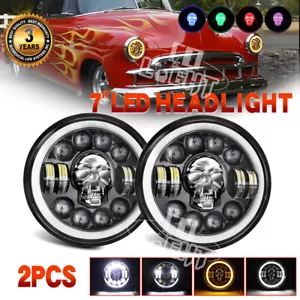 Pair For Chevy Styleline Deluxe RGB Skull 7" Inch Round LED Headlights Halo DRL - Foto 1 di 19