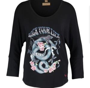 TRUE RELIGION LADIES LONG SLEEVE BLACK - BLUE SNAKE PRINTED TOP W17FT75E8G - Picture 1 of 12