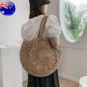 Women Boho Woven Handbag Summer Beach Tote Straw Bag Round Rattan Shoulder Bags - Picture 1 of 14