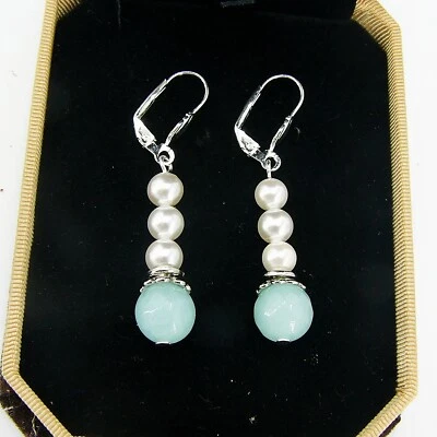 BAILYSBEADS edle Larimar & Muschelkernperle Ohrringe Ohrhänger Klappbrisuren - Bild 1 von 2