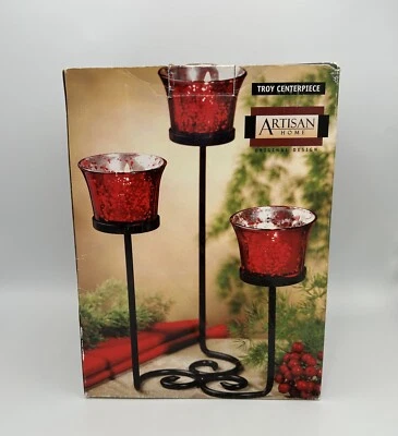 San Miguel Troy Centerpiece Artisan Home Metal Three Red Tealight Candle Holder - Image 1 of 4