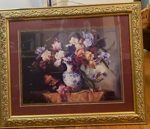 "Home Interieurs großes Bild gerahmt mattiert blau Vase Blumen schön 33""x27""" - Bild 1 von 4