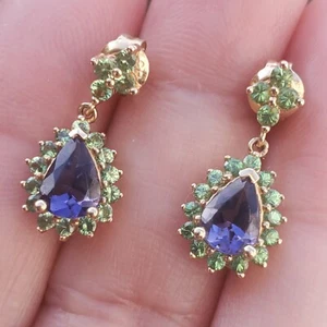 14K SOLID YELLOW GOLD 1.04 CTW IOLITE & .74 CTW TSAVORITE TEARDROP EARRINGS-NEW! - Picture 1 of 22