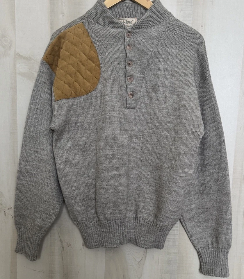 VTG LL Bean High Trek Yarn Henley Sweater Shooting Hunting Patch Medium Gray USA - Image 1 of 4