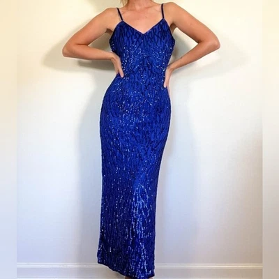 Lawrence Kazar | винтажный королевский синий блестками бисер ил колонка макси платье PP / XS - Изображение 1 из 4