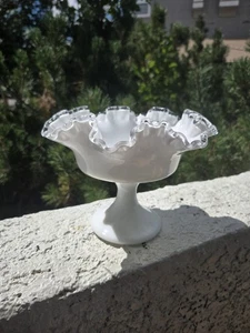 Vintage Fenton Milk Glass W/ Clear Crest Footed Compote Dish Ruffles Edge - Picture 1 of 15