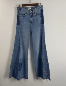ZARA Women's Jeans Size 4 Blue Denim Wide Leg Cargo Patchwork Flared - Picture 1 of 6
