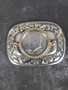 Vintage JFK John F. Kennedy Belt Buckle w/ Bicentenial Half Dollar ~ Gold Tone - Picture 1 of 2