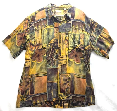 Vintage Burma Bibas Shirt Mens XL Beige Button Up Hawaiian Geometric Floral - Image 1 of 4