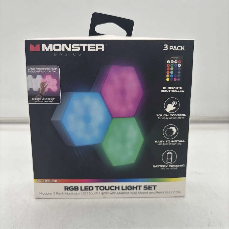 Monster Multi-Color LED Touch Light IR Hexalights 3PC with Magnet Wall Mount NEW - Image 1 of 1
