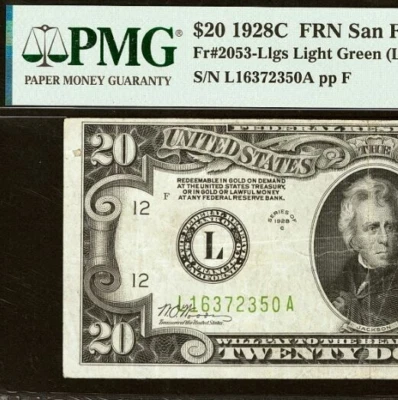 1928C $20 FRN San Francisco Light Green Seal - PMG 25 - Redeemable in Gold - Image 1 of 3