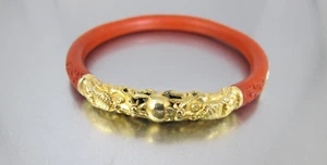 Vtg. Chinese Carved Cinnabar Gold Gilt Double Dragon Head Bangle Bracelet - Picture 1 of 11