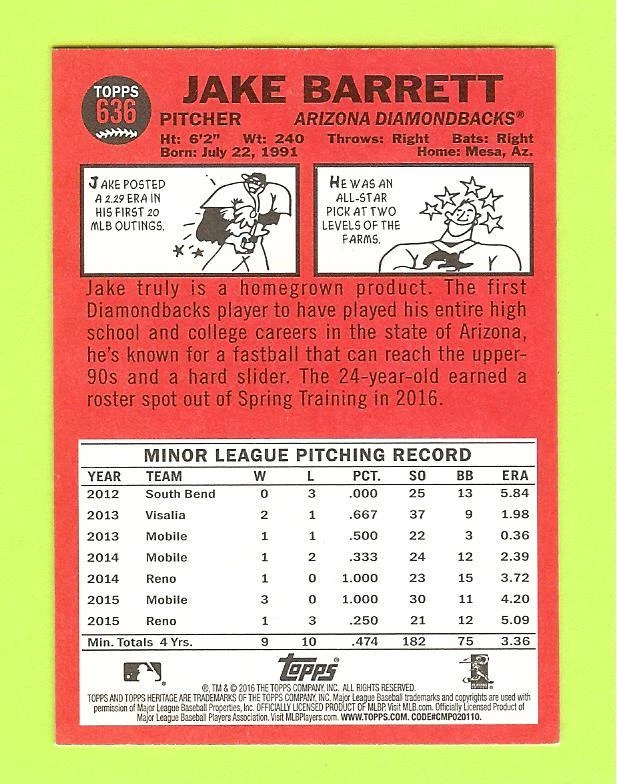 2016 TOPPS HERITAGE BASEBALL "MAGENTA BACK" JAKE BARRETT ROOKIE - ONLY 10 MADE  - Image 1 of 1