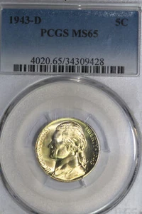 1943-D Bright Gold Tone Silver War Jefferson Nickel Five-Cent PCGS MS65 34309428 - Picture 1 of 4