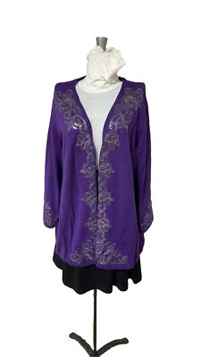 Bob Mackie Cardigan Women's Large Purple Embroidery Silver Sequin Wearable Art - Image 1 of 4