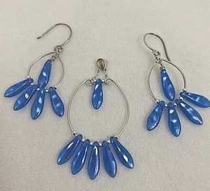 Handmade ~ Sterling Silver .925 Czech Dagger Blue Beaded 2" Earring Pendant Set - Picture 1 of 7