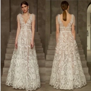 New BRONX & BANCO Tunisia Embroidered Tulle Bridal Gown in White Sz 4 (small) US - Picture 1 of 14