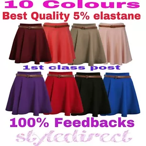 New Ladies Belted Skater Womens Flared Jersey Plain Mini Party Dress Skirt 8-14 - Picture 1 of 9