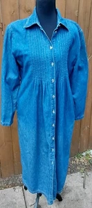 Vintage Cottagecore Hemdblusenkleid Damen blau Denim kleine Biesen Taille zum Binden voller Knopf - Bild 1 von 15