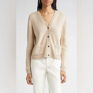 Lafayette 148 New York Seidenmischung aufgesetzte Tasche V-Ausschnitt Cardigan in Beige 3X - Bild 1 von 11