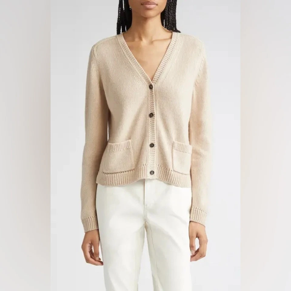 Cárdigan Lafayette 148 New York Mezcla Seda Parche Bolsillo Cuello en V en Beige 3X Foto 1 de 4