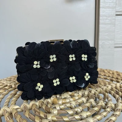Anne Fontaine Handcrafted Beaded Floral Evening Bag  Clutch Floral Black Gold - Image 1 of 4