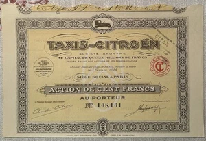 TAXIS CITROEN ACTION DE CENT FRANCS 1924 CITAX CERTIFICATO AZIONARIO STORICO - Foto 1 di 5